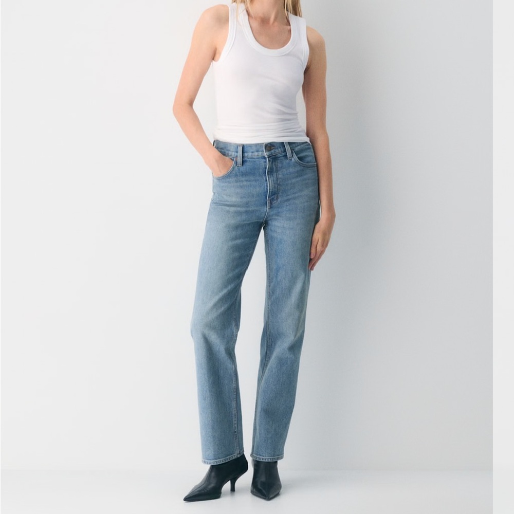 Denim Forum Light Blue Straight Leg Jeans. High Rise Arlo Straight